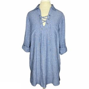 Altar'd State Blue Striped Cotton Lace-up Long Sleeve Shirt Dress